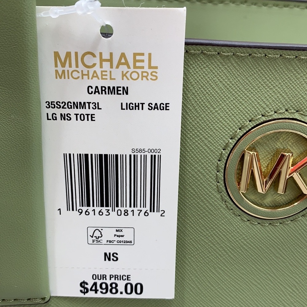 MICHAEL KORS CARMEN LARGE NORTH SOUTH TOTE LIGHT SAGE COLOR - Picture 11 of 15